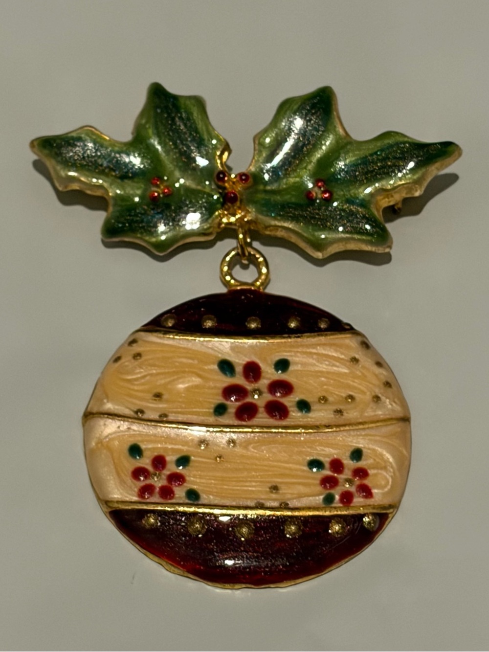 VTG Tanya Creations Brooch Dangling Ornament With Holly Sprig Enamel
